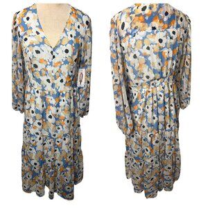 NWT Joie Floral Fields Midi Dress Blue Orange L Fairy Timeless Tiered